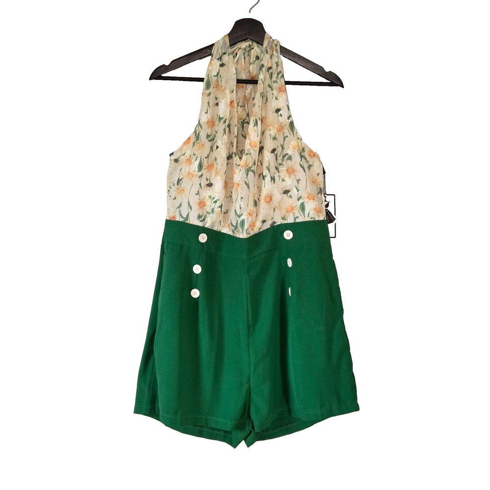 Retro Stage 1950s Style Floral Halter Lace Up Romper Size 2XL 50s Pin Up NWT